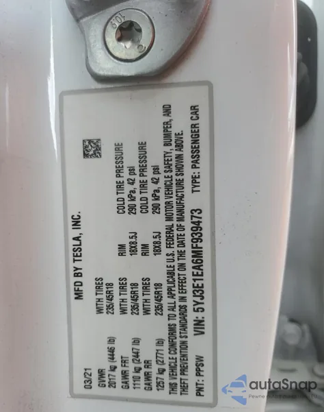 2021 Tesla Model 3 из США, поврежденный, VIN 5YJ3E1EA6MF939473